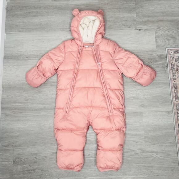 Pink Baby Gap Fleece Lined Zip Up Snowsuit Water Resistant Puffer Hooded Jacket - Picture 1 of 10